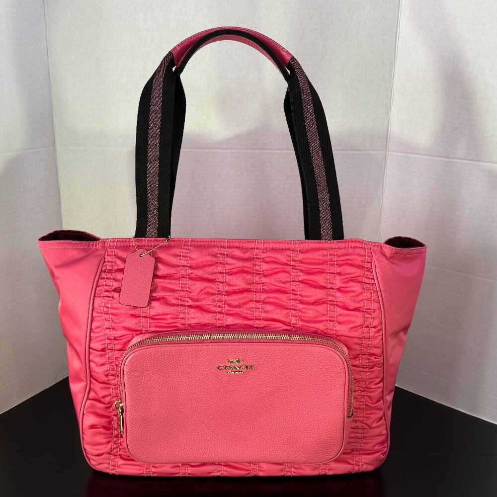 Coach C4093 Court Tote Shoulder Bag Confetti Pink Rouching Nylon w/Leather